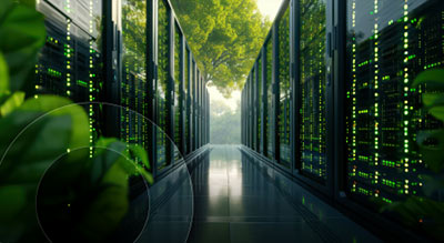 Data center depicted outside with a tree in the background sustainability in mind