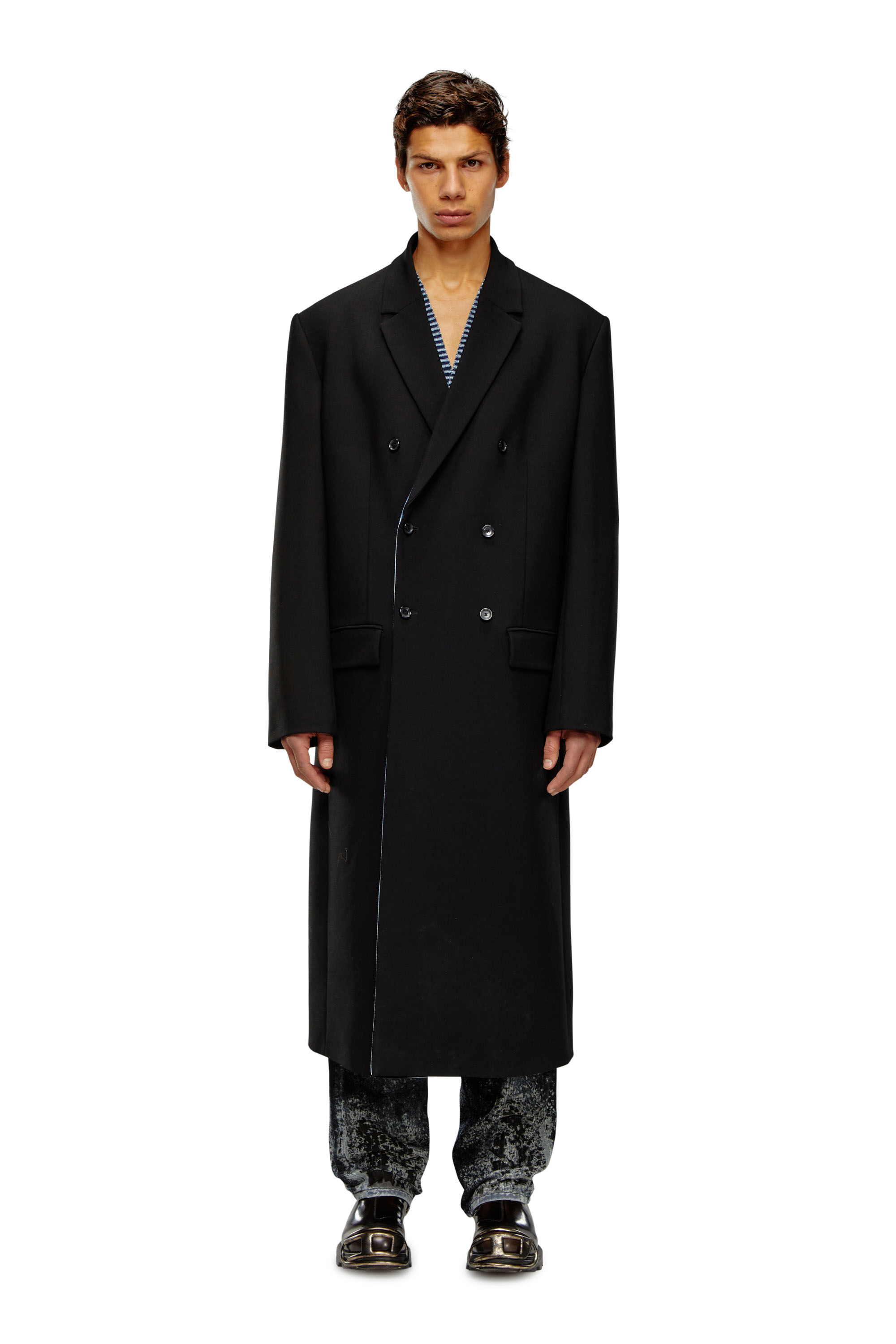 Diesel - J-RITZ, Male Longline cool wool coat in denim detail in ブラック - Image 1