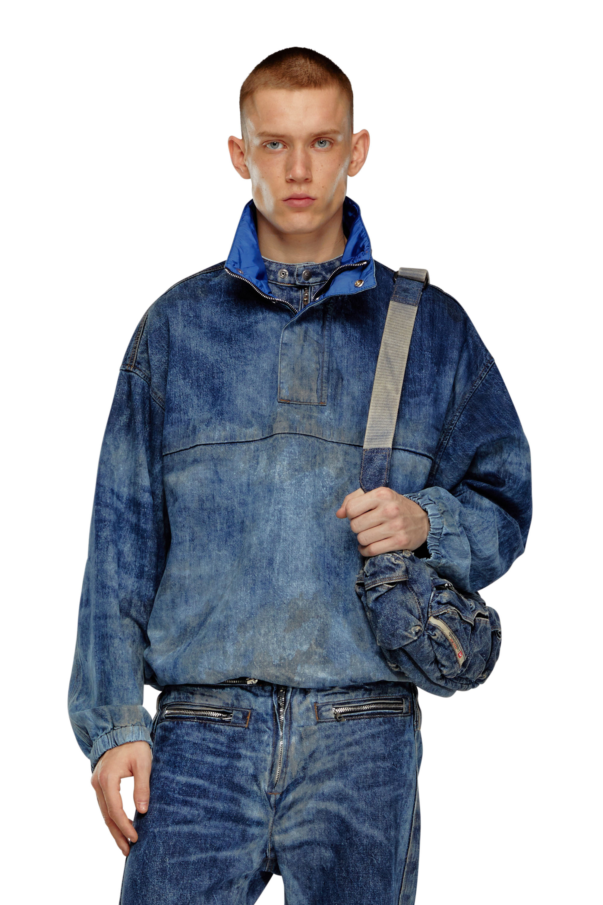 Diesel - D-FLOW-FSE, Male Pullover jacket in dirt-effect denim in ブルー - Image 1