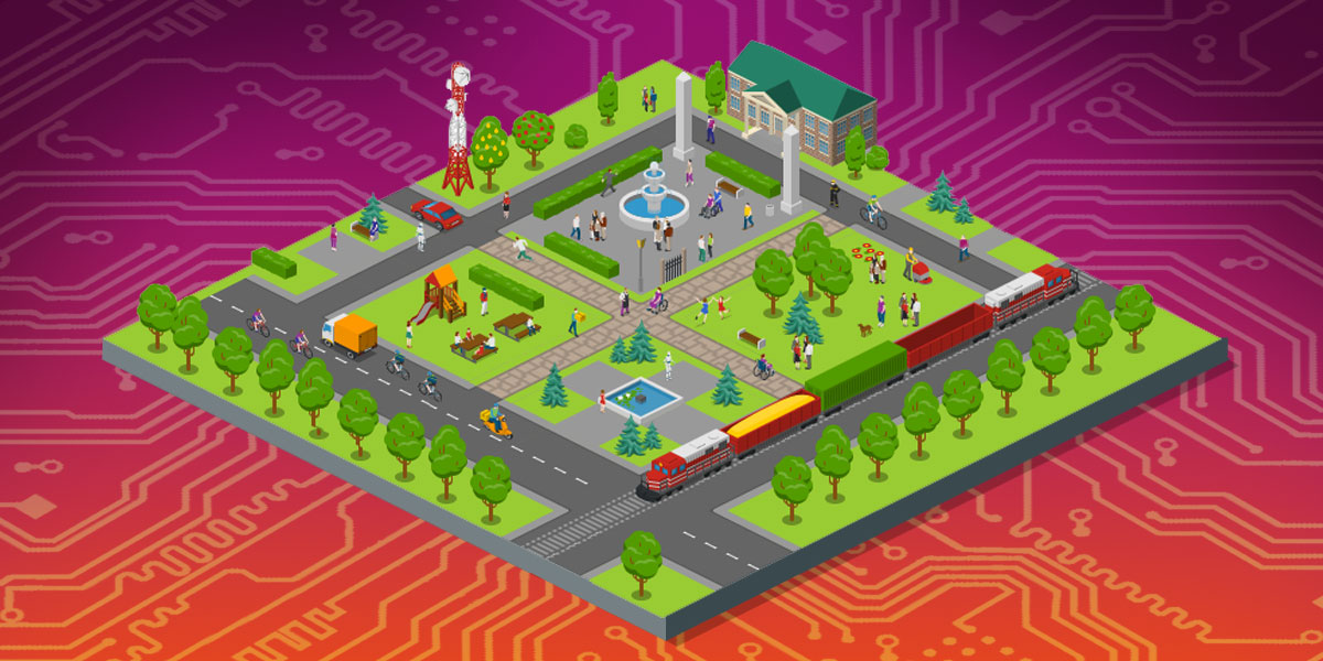 A town showing many public features (parks, transport, a library) with the backdrop of a circuit board.
