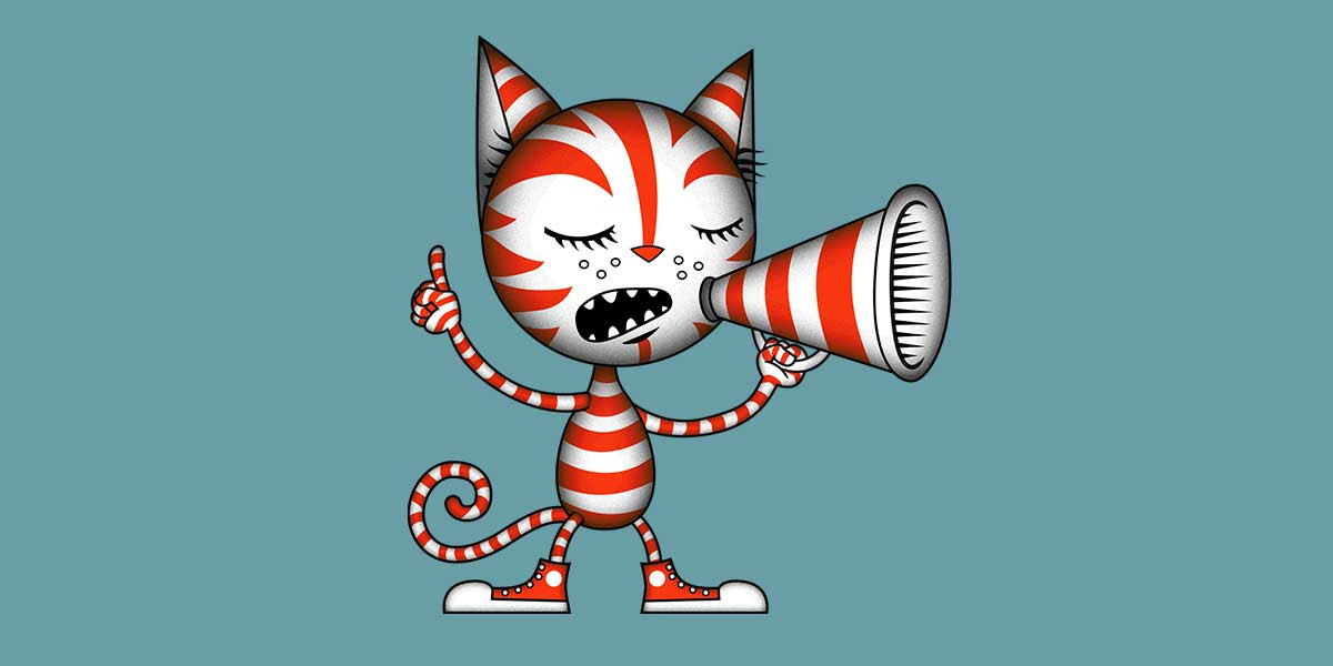 A striped cat opines using a megaphone.