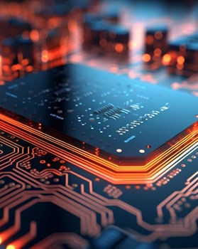 Circuit board close-up with technology background