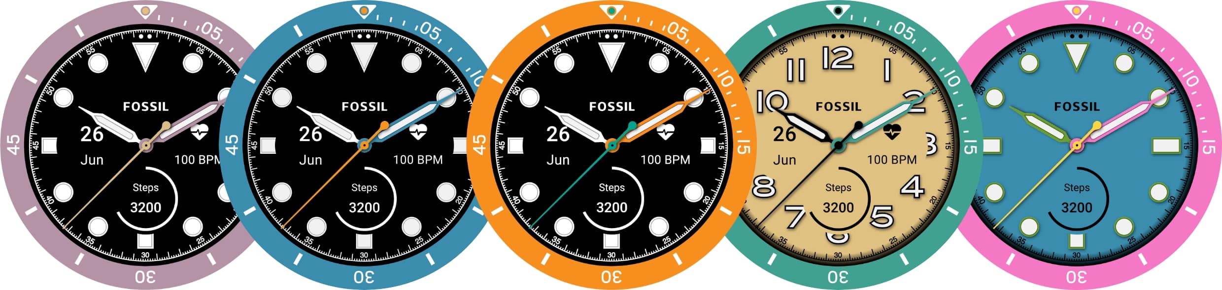 A variety of Fossil Defender watch faces, featuring the different customizable dial colors.