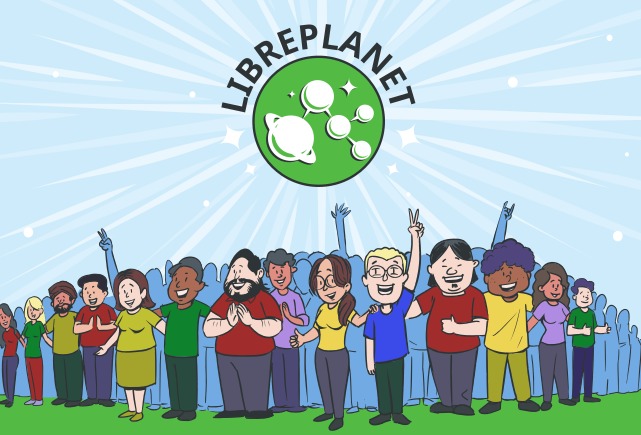 Illustration of a gathering at LibrePlanet