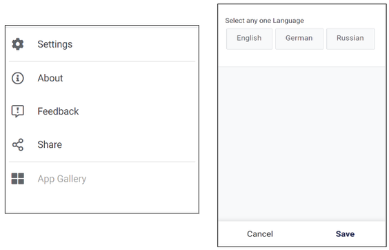 App screenshots showing language selection