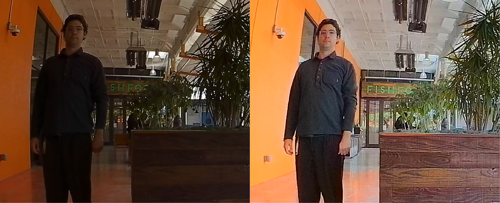 Nest Cam (battery) zoomed-in comparison--   previous software on left and latest update on right.