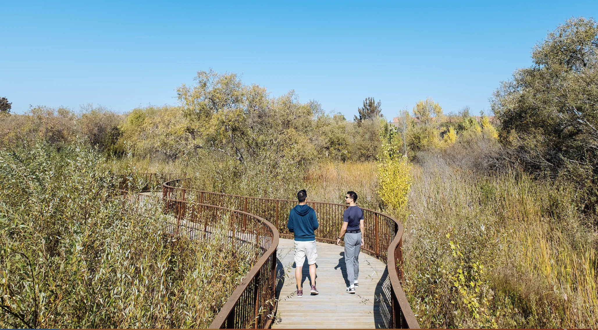 Two people walk along a path in Google's Bay View campus