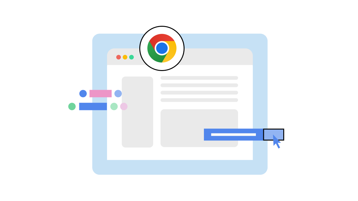 An illustration of a web browser, with a Chrome logo next to it.
