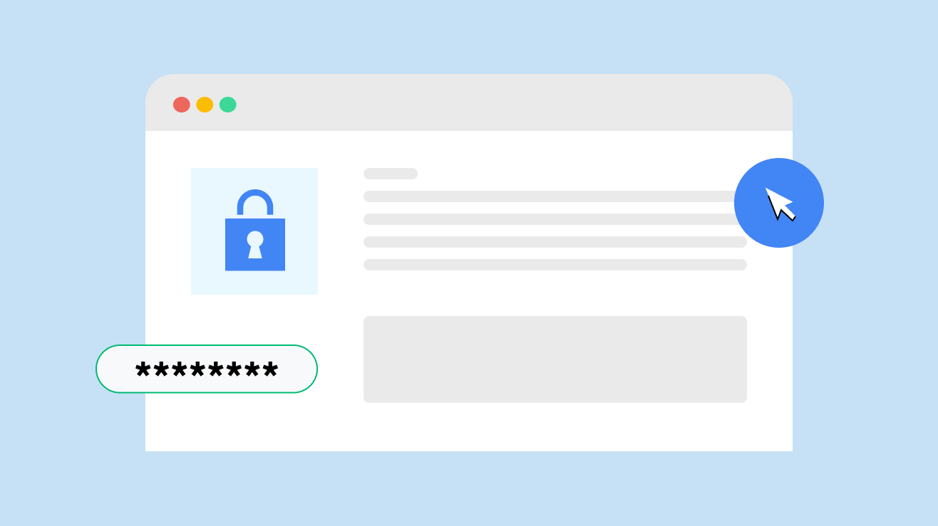 ロックされた南京錠と難読化されたパスワードが表示されているウェブブラウザのイラスト