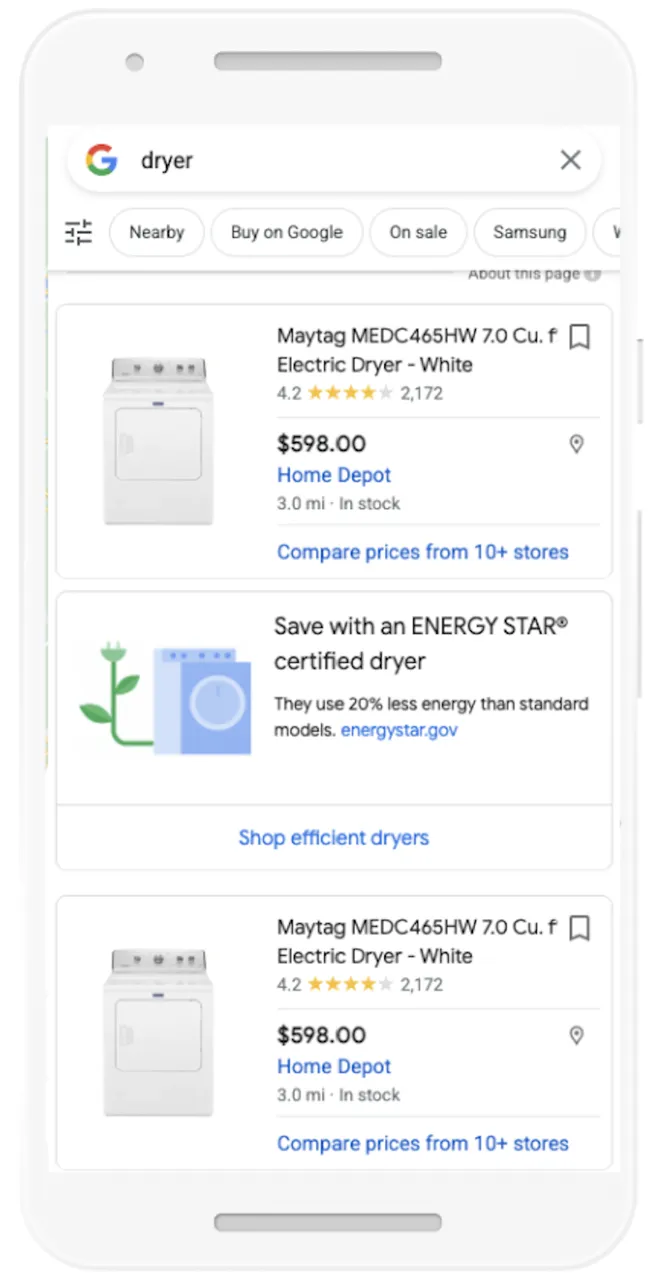 Interfaz de usuario de sugerencias de Google Shopping con opciones más sustentables y con mayor eficiencia energética en una búsqueda de electrodomésticos de alto impacto.