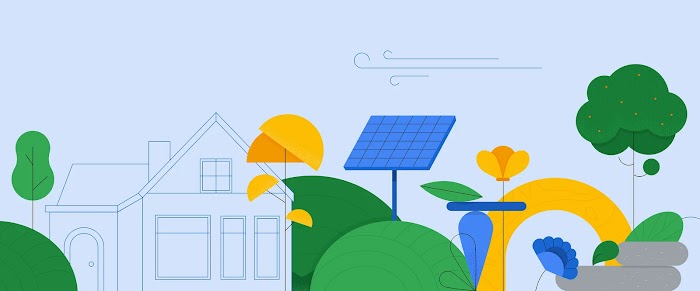 Ilustración de una casa y una planta de energía solar entre árboles y plantas