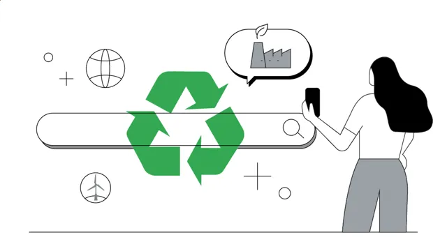 Ilustración de un símbolo de reciclado verde sobre una barra de búsqueda con una persona de pie a la derecha que mira su teléfono celular