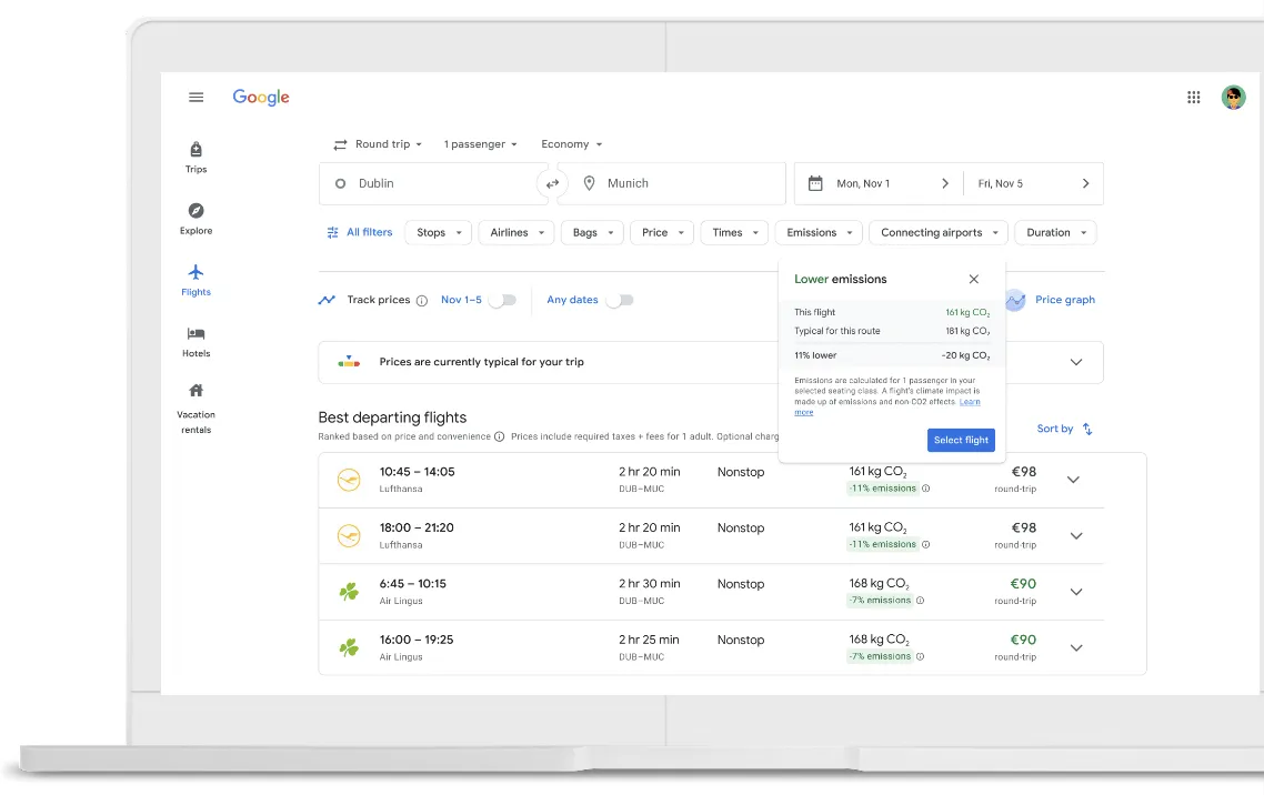 Interfaz de usuario que muestra opciones de vuelos en la Búsqueda de Google