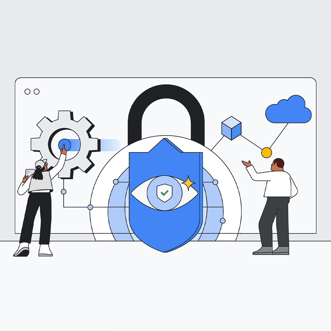 Illustration of two people locking a visual representation of the digital cloud.