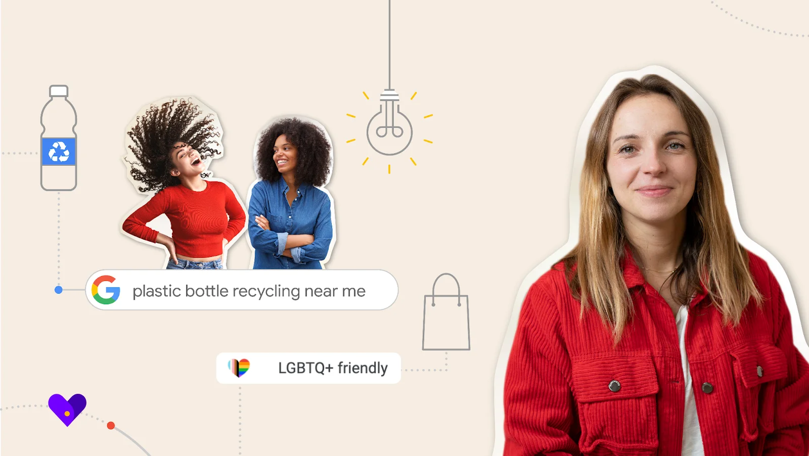 fotos de tres mujeres con cuadros de texto que dicen "LGBTQ+ friendly" (amigable con LGBTQ+) y "plastic bottle recycling near me" (reciclado de botellas de plástico cerca de mí)