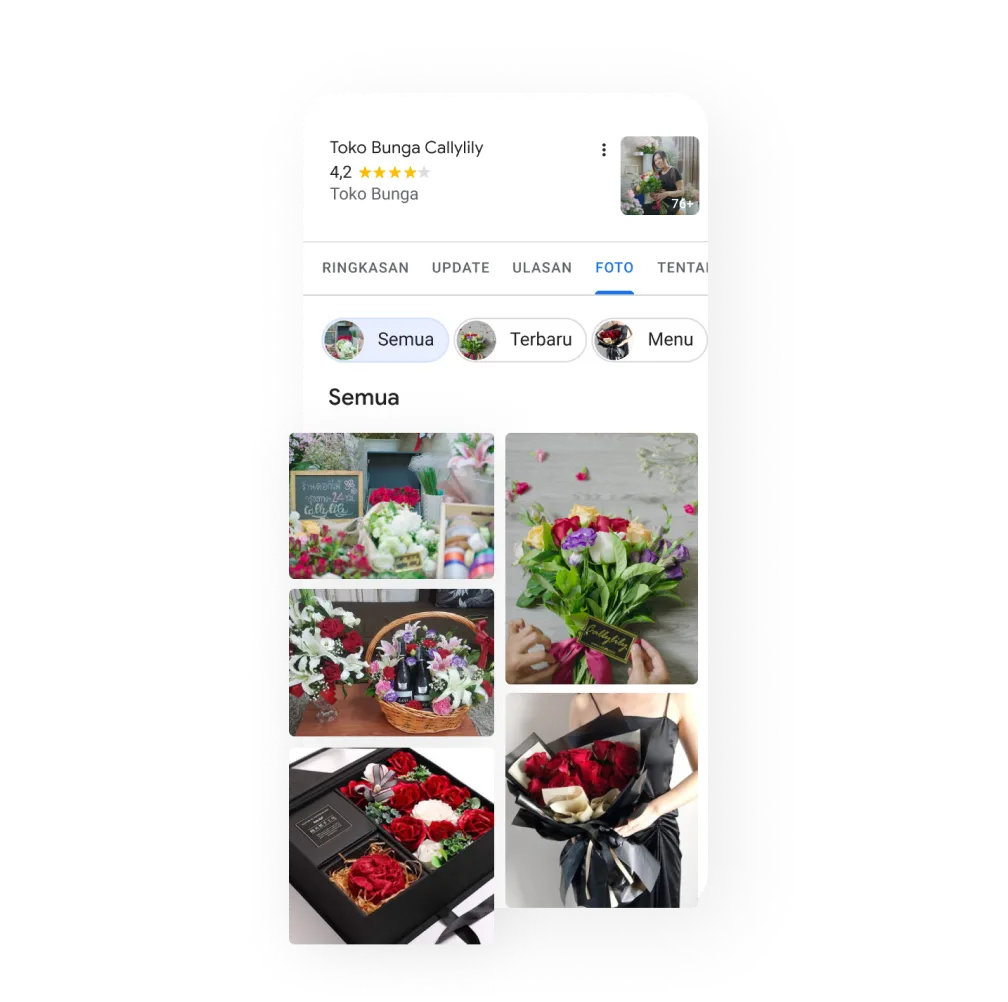 Gambar Profil Bisnis dalam tampilan perangkat seluler yang menampilkan galeri produk bisnis dengan foto