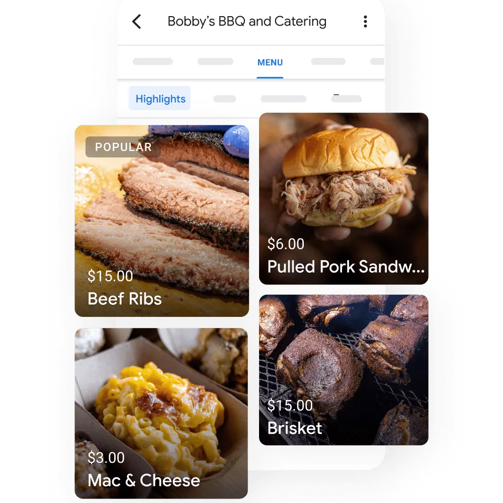 Image of a Business Profile Highlights, sharing the best dishes and menu on this image: Beef Ribs, Pulled Pork Sandwich, Mac & Cheese and Brisket