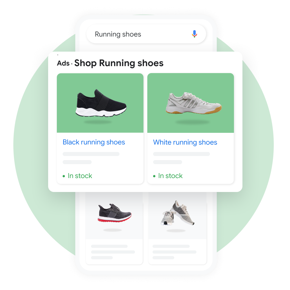 User interface demonstrating a user searching for running shoes on Google Shopping, with a pop out of the sponsored results enhanced for emphasis.