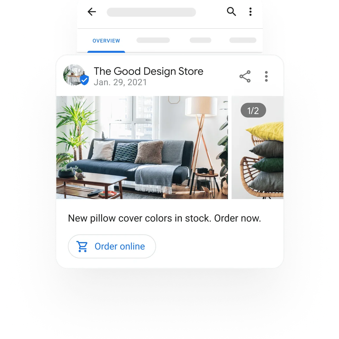 Image of a Business Profile showing a post promoting a special offers, events, and updates. On the post, image of pillows on a living room and on a chair. post text: New pillow cover colors in stock.  Order now.