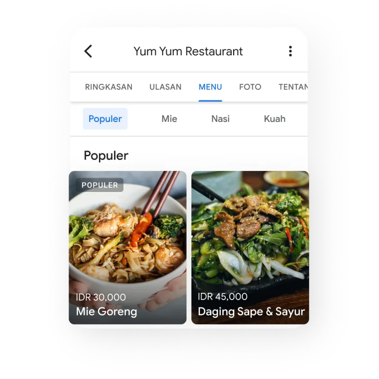 Gambar Profil Bisnis dalam tampilan perangkat seluler yang menampilkan tombol untuk pemesanan dengan opsi pesan ambil dan pesan antar
