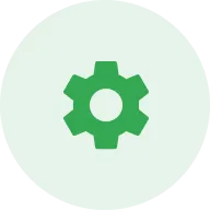 Ícono circular de color verde con una rueda de engranaje