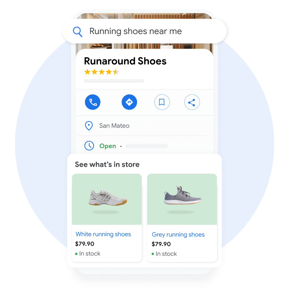 A mobile user interfaces demonstrating a Google Business Profile with in-store product listings pulled out out for emphasis under the prompt "See what's in store."