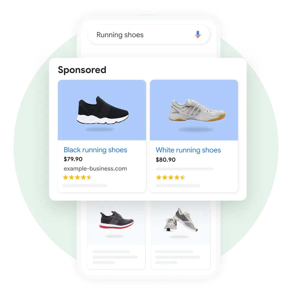User interface demonstrating a user searching for running shoes on Google, with a pop out of the sponsored results enhanced for emphasis.