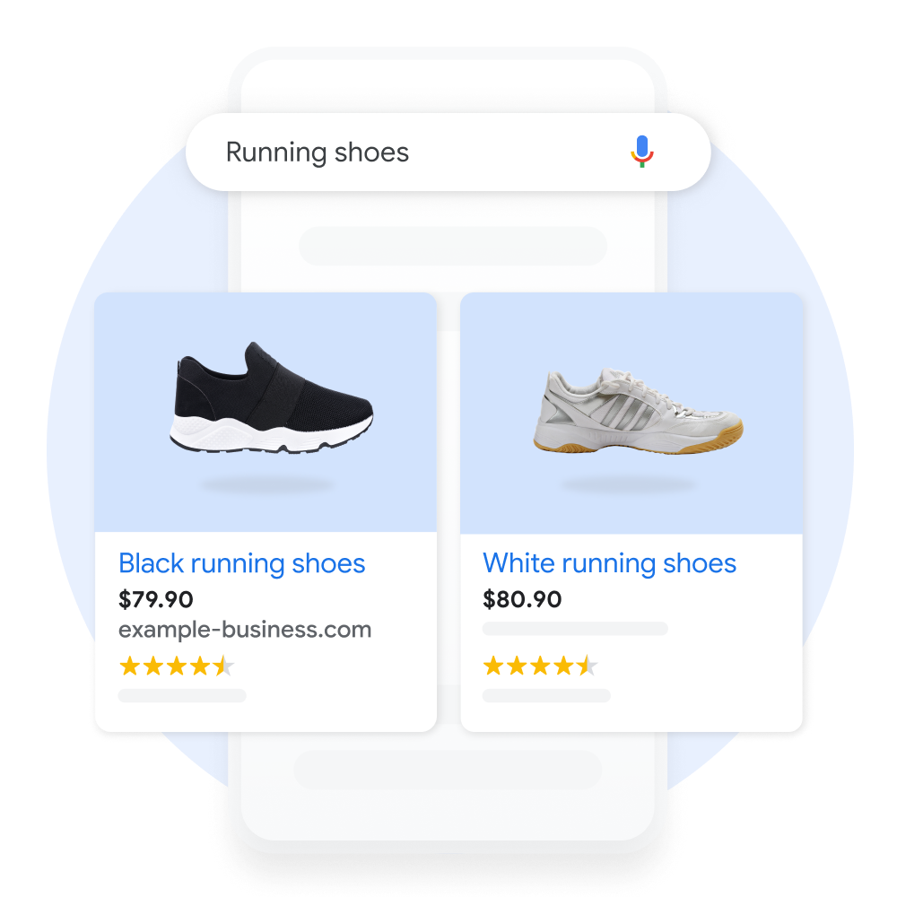 A mobile user interfaces demonstrating two product listing results for a user searching for "Running shoes" on Google Search.