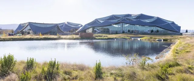 Foto de un estanque rodeado de espacio verde frente a dos edificios de oficinas con paneles solares en las azoteas