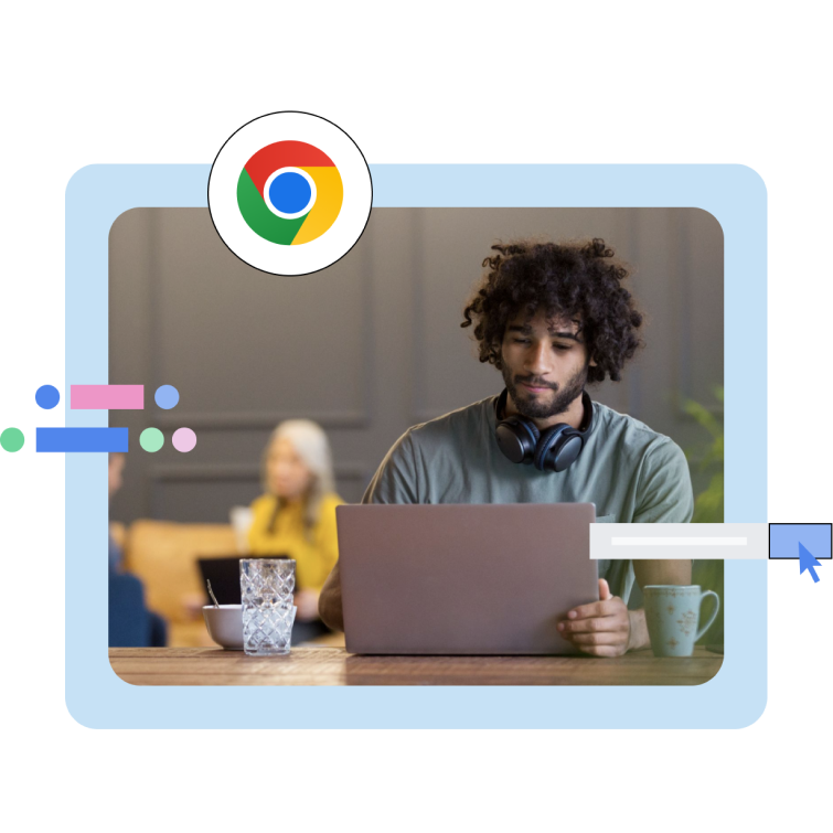 ノートパソコンを使用している男性の写真、その横に Chrome ロゴ