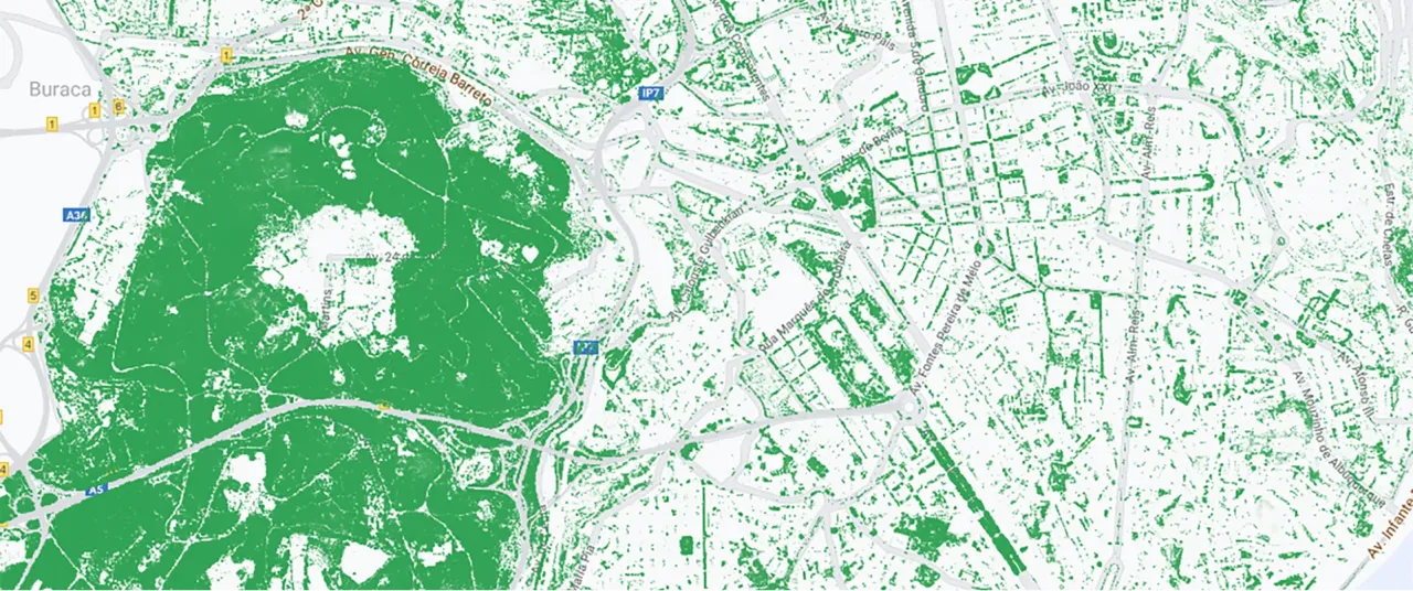 Mapa que muestra la cobertura arbórea en Lisboa, Portugal