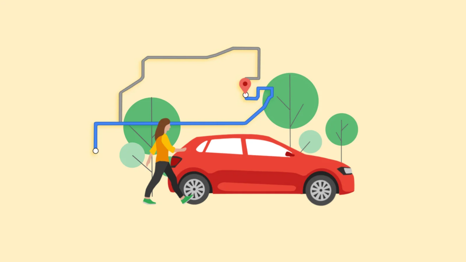 Ilustración de un auto, con una conductora a su lado, en frente de un diagrama de ruta y algunos árboles
