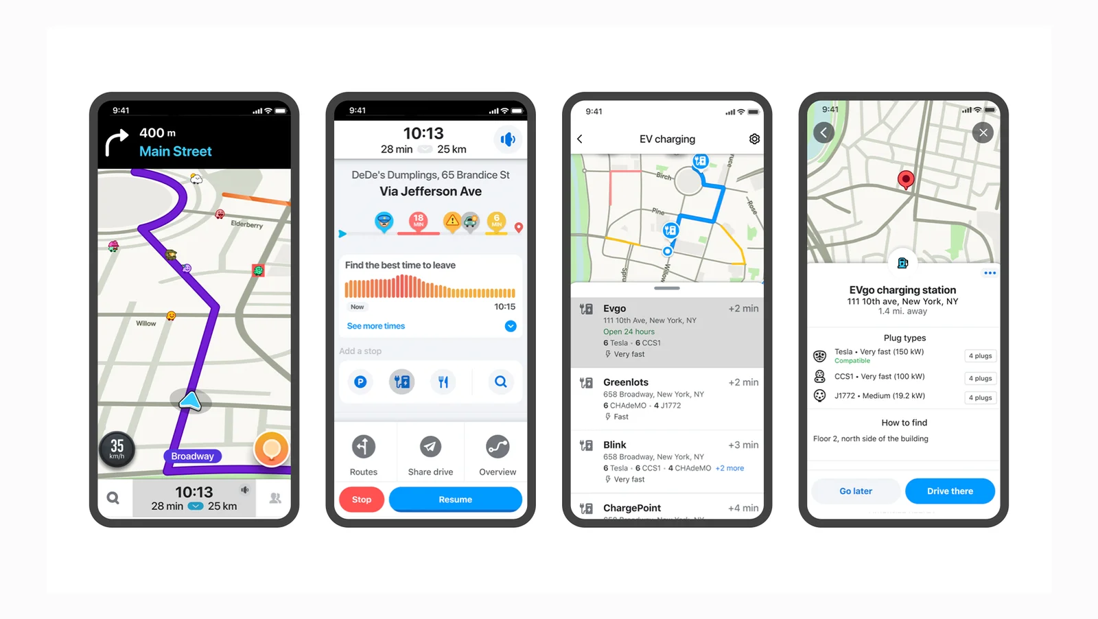 Ilustración de estaciones de carga de vehículos eléctricos en el mapa de Waze y lo que verán los conductores en la app mientras naveguen.