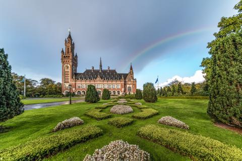 View of the Peace Palace with rainbow