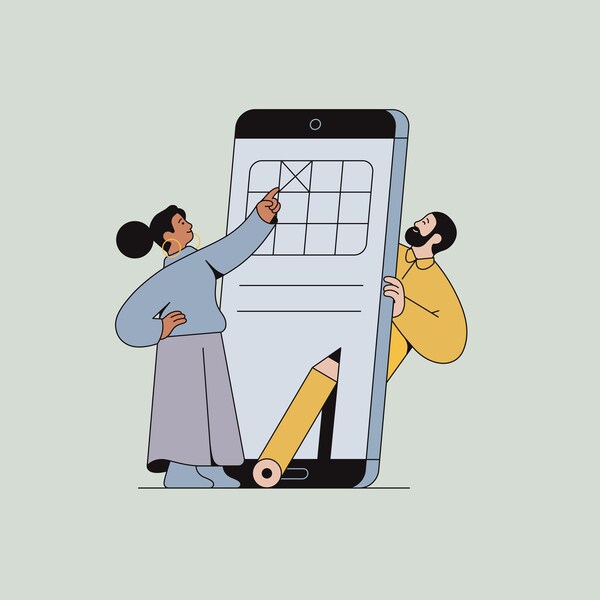 An illustration of a woman putting a cross on the screen of an oversized smartphone, with a man on the other side.