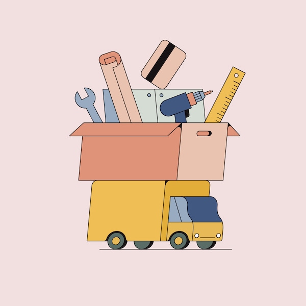 An illustration of a yellow van with a box full of tools on top including a drill, a ruler and a spanner.
