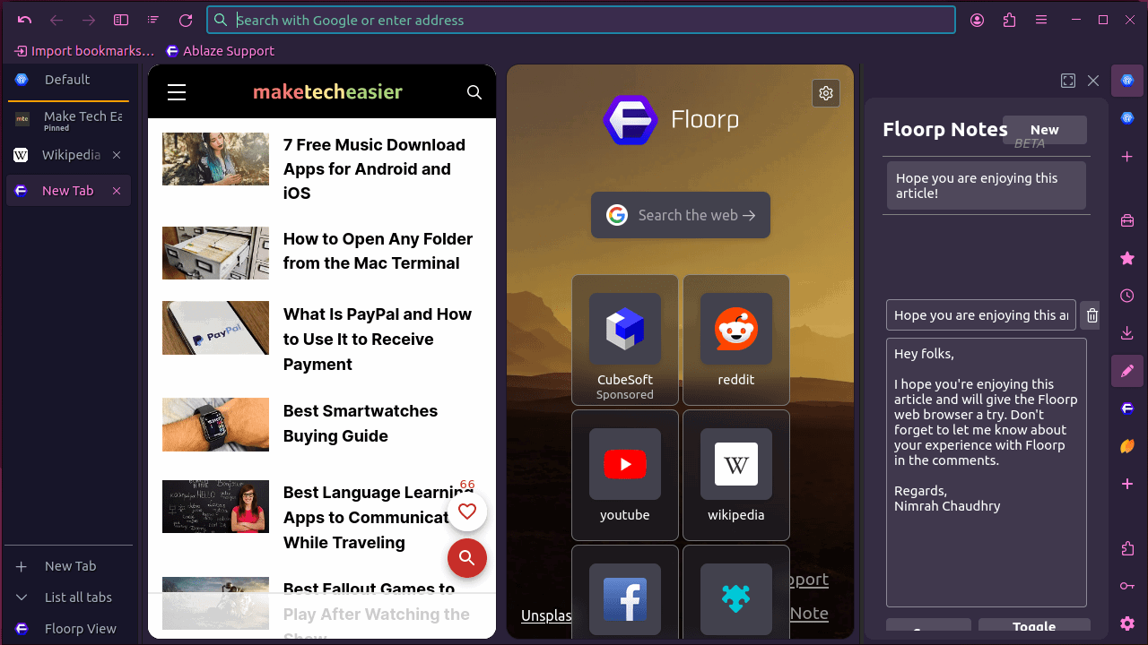 Floorp browser with multiple tabs and Floorp notes