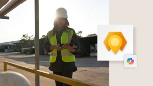 A field employee outside in a hard hat and vest, looking at a tablet in their hand. The image incorporates the Dynamics 365 Field Service icon and the Copilot icon.