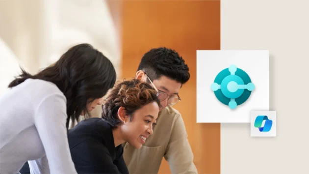 Three people working on the computer with the Dynamics 365 Business Central logo overlayed