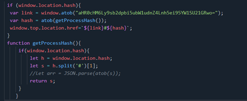 Screenshot of an HTML source code containing redirection logic.