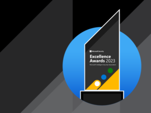 Graphic showing an illustrated trophy highlighting the Microsoft Intelligent Security Association's 2023 Excellence Awards winners.