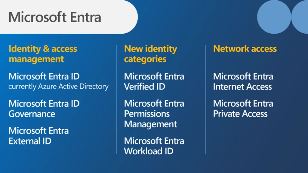 Microsoft Entra family of identity and network access products.