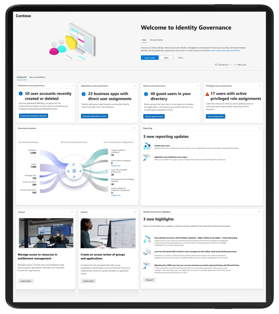 New Microsoft Entra ID Governance dashboard showing governance posture and recommendations. 