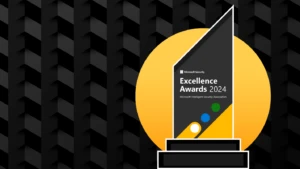 Decorative image with a graphic of a trophy representing the Microsoft Intelligent Security Association Excellence Awards winners for 2024.