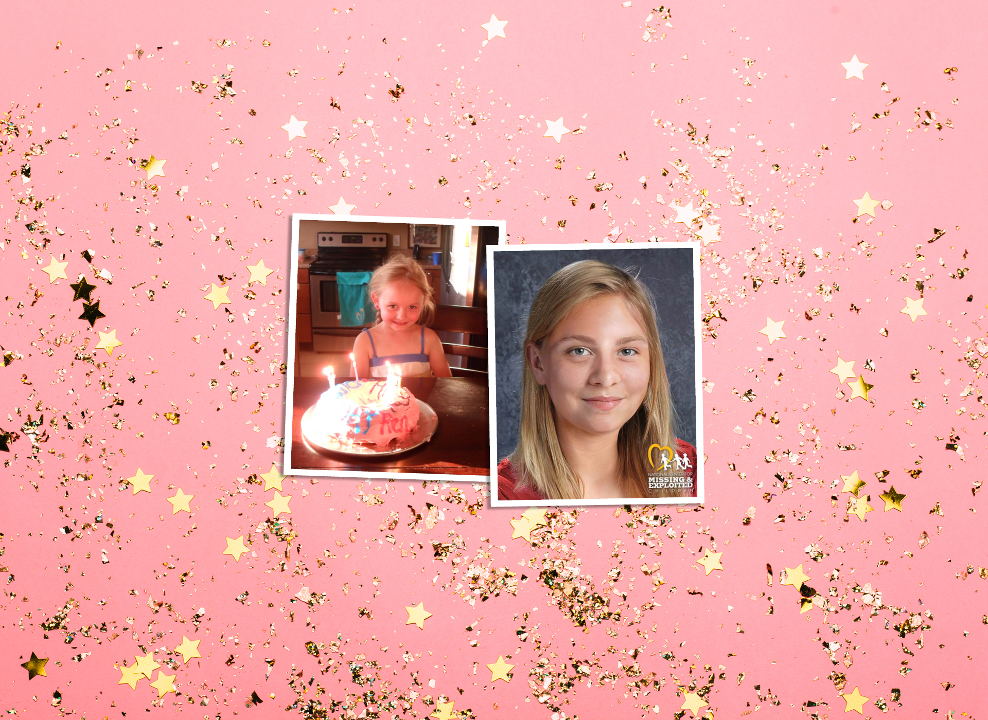 two images: serenity as a child blowing out birthday candles (l) and the age progression of what she may look like now (r) against a pink confetti background