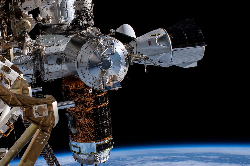 A view of SpaceX's Crew Dragon spacecraft docked to the International Space Station.