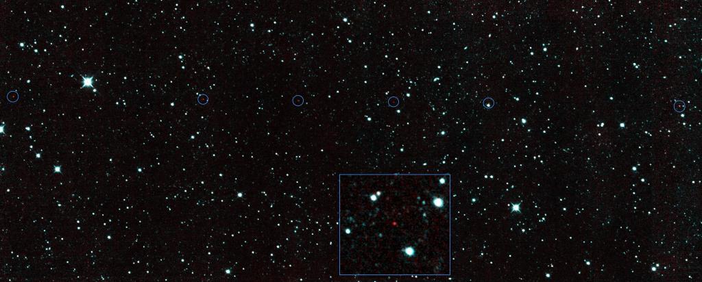 six red dots in this composite picture indicate the location of six sequential detections of the first near-Earth object