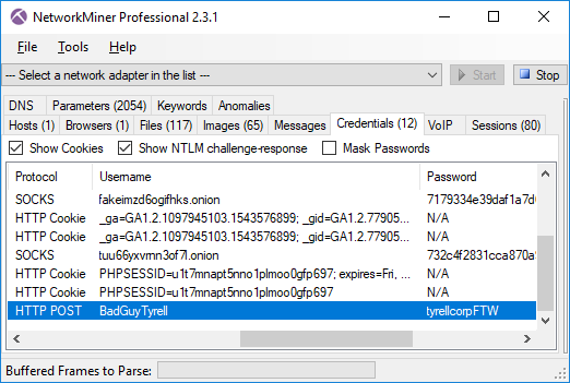 Credentials tab in NetworkMiner Professional 2.3.1 showing username and password sent over Tor to an onion service
