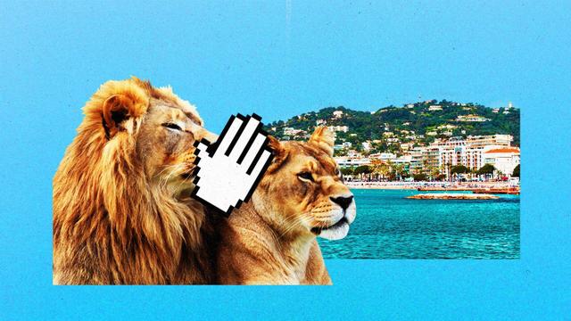 A lion with it's mouth beside another lion's ear, covered by a pixelated cursor hand. A photo of a mediterranean coastline is behind them.