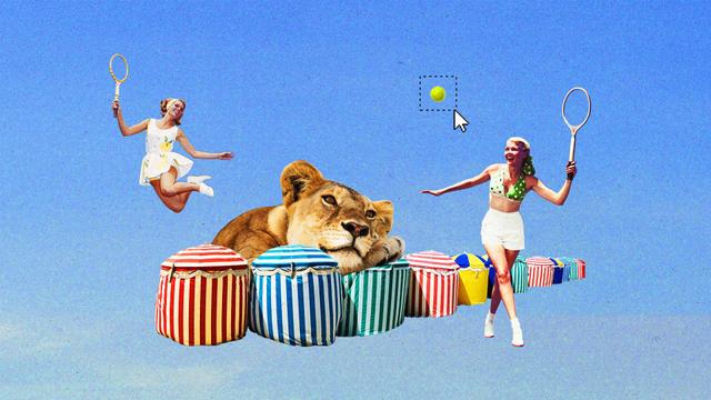 A lioness rests her head on striped beach tents while two vintage women play tennis above her.
